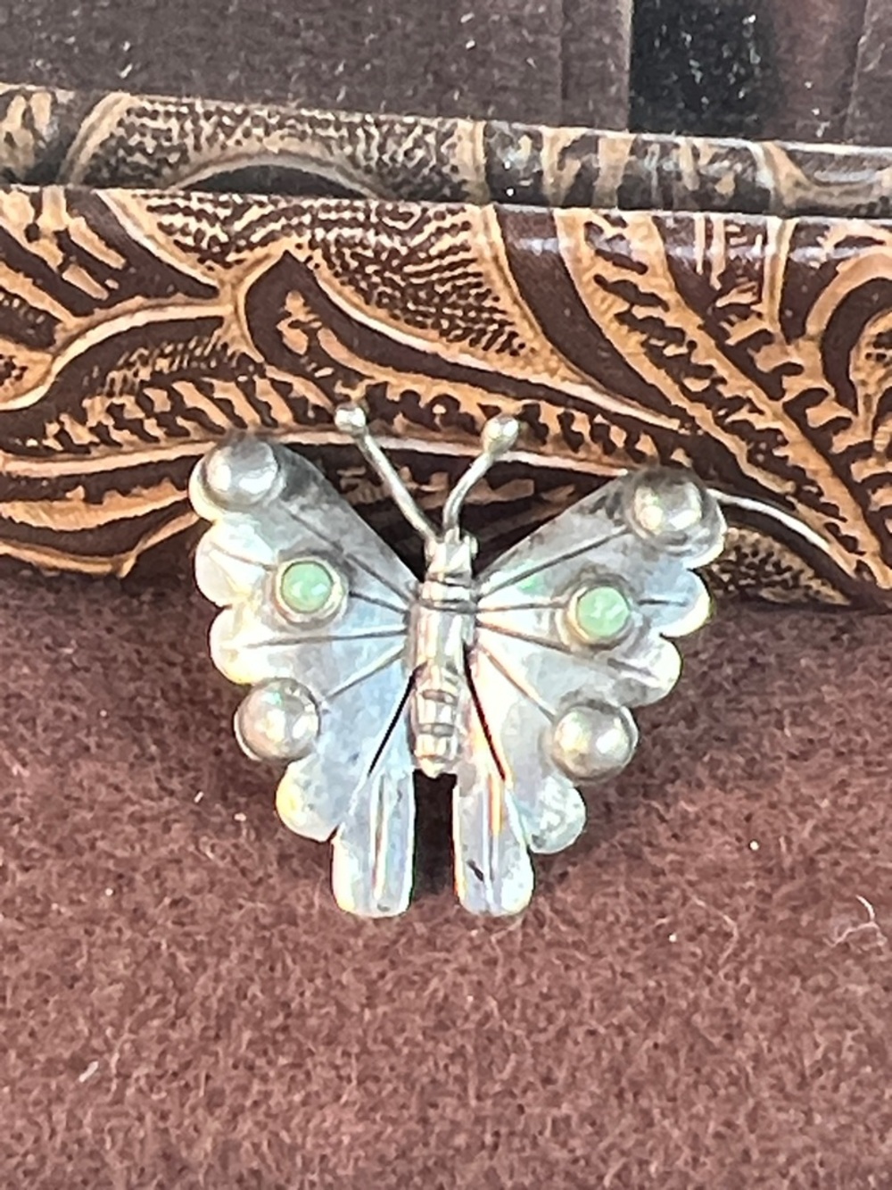 Silver Butterfly Brooch with Green Accents